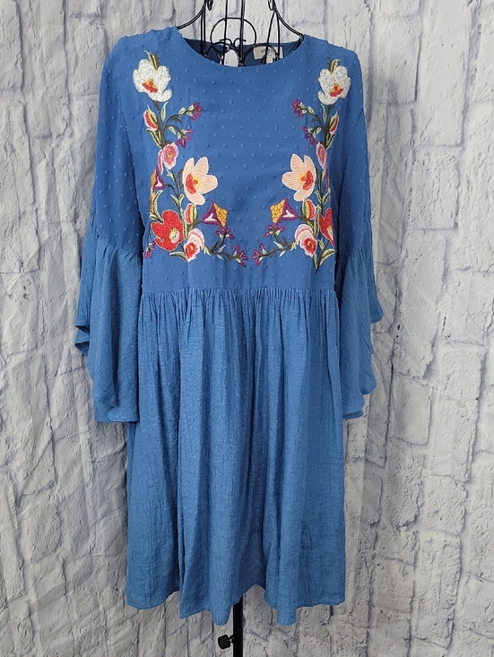 Umgee Dresses & Skirts - Umgee‎ Blue Embroidered Floral Boho Peasant Bell Sleeves Dress Large